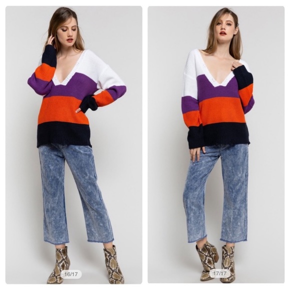 *Boutique Clearance* POL Colorblock Distressed Deep V Neck Sweater - Picture 7 of 8